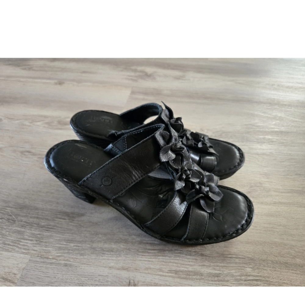 Born Wedge High Sandals Womens 9 Black Leather Floral